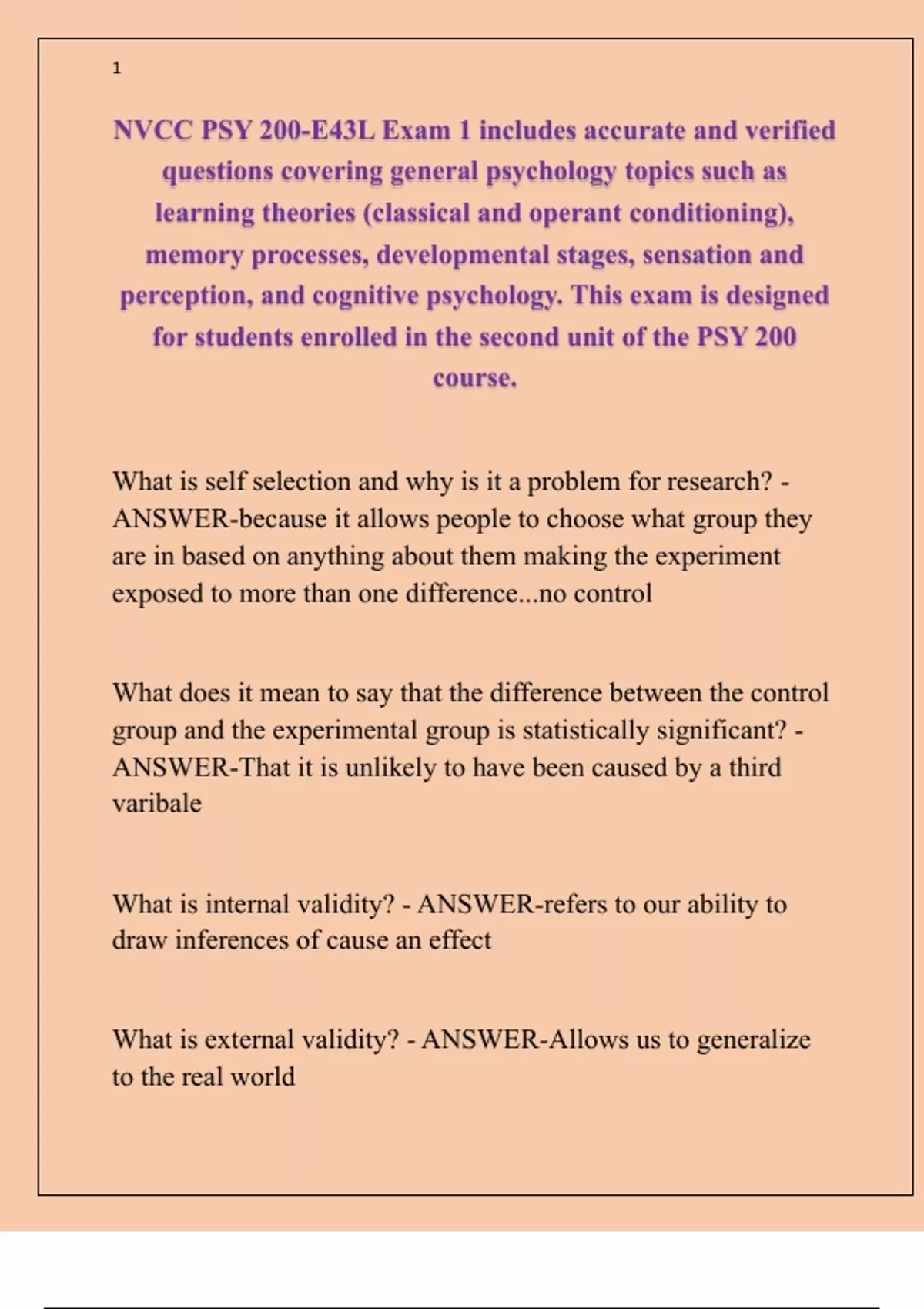 NVCC PSY 200-E43L Exam 1 includes accurate and verified questions ...