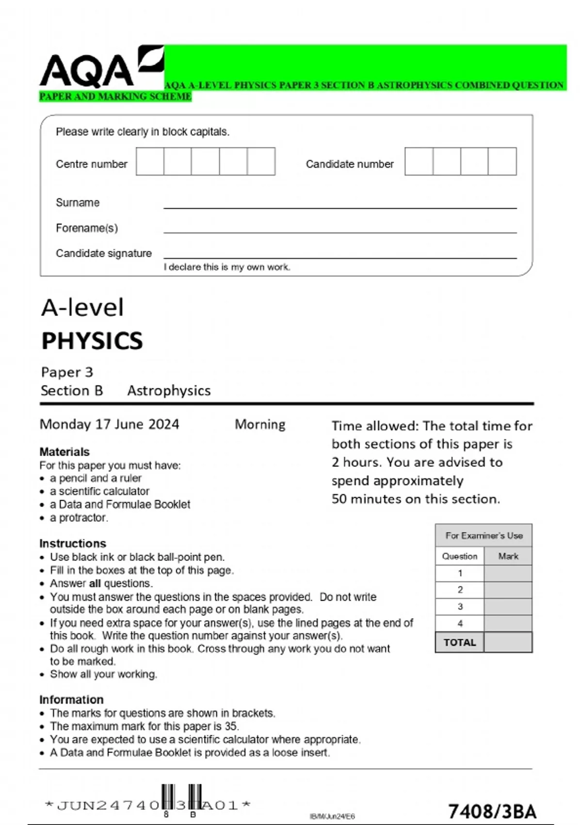 AQA A-LEVEL PHYSICS PAPER 3 SECTION B ASTROPHYSICS COMBINED QUESTION ...