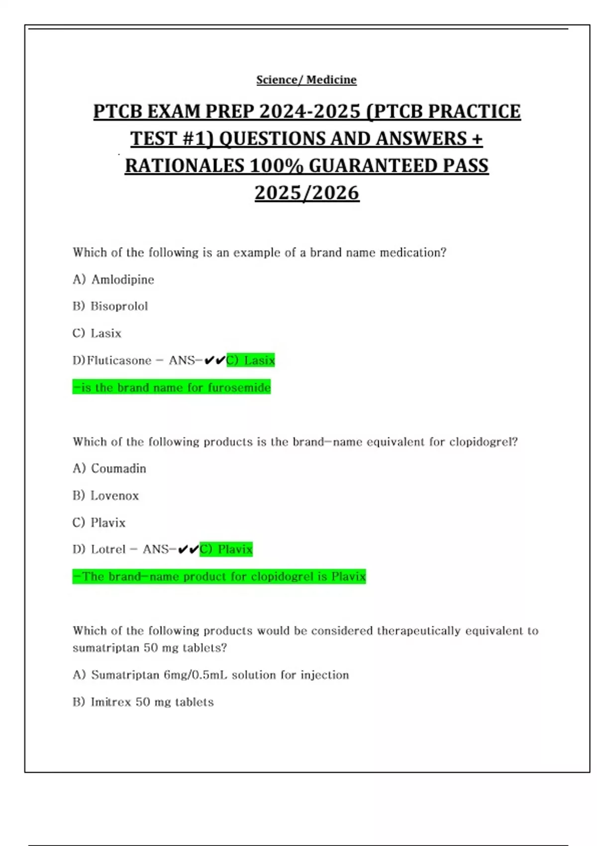PTCB EXAM PREP (PTCB PRACTICE TEST #1) QUESTIONS AND ANSWERS ...