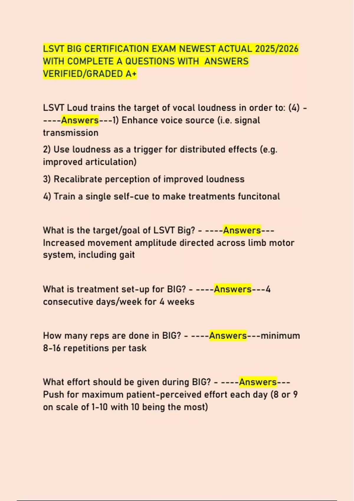 LSVT BIG CERTIFICATION EXAM NEWEST ACTUAL 2025/2026 WITH COMPLETE A ...