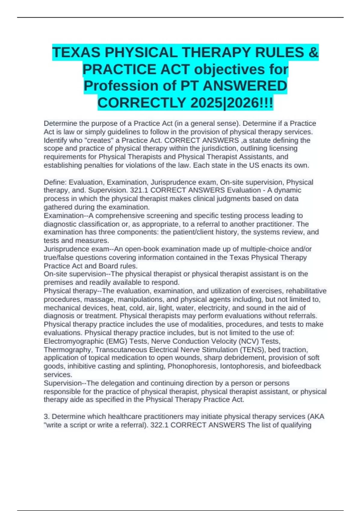 TEXAS PHYSICAL THERAPY RULES & PRACTICE ACT objectives for Profession ...