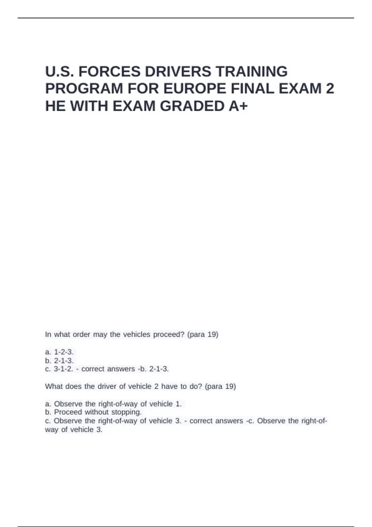 U.S. FORCES DRIVERS TRAINING PROGRAM FOR EUROPE FINAL EXAM 2 HE WITH ...