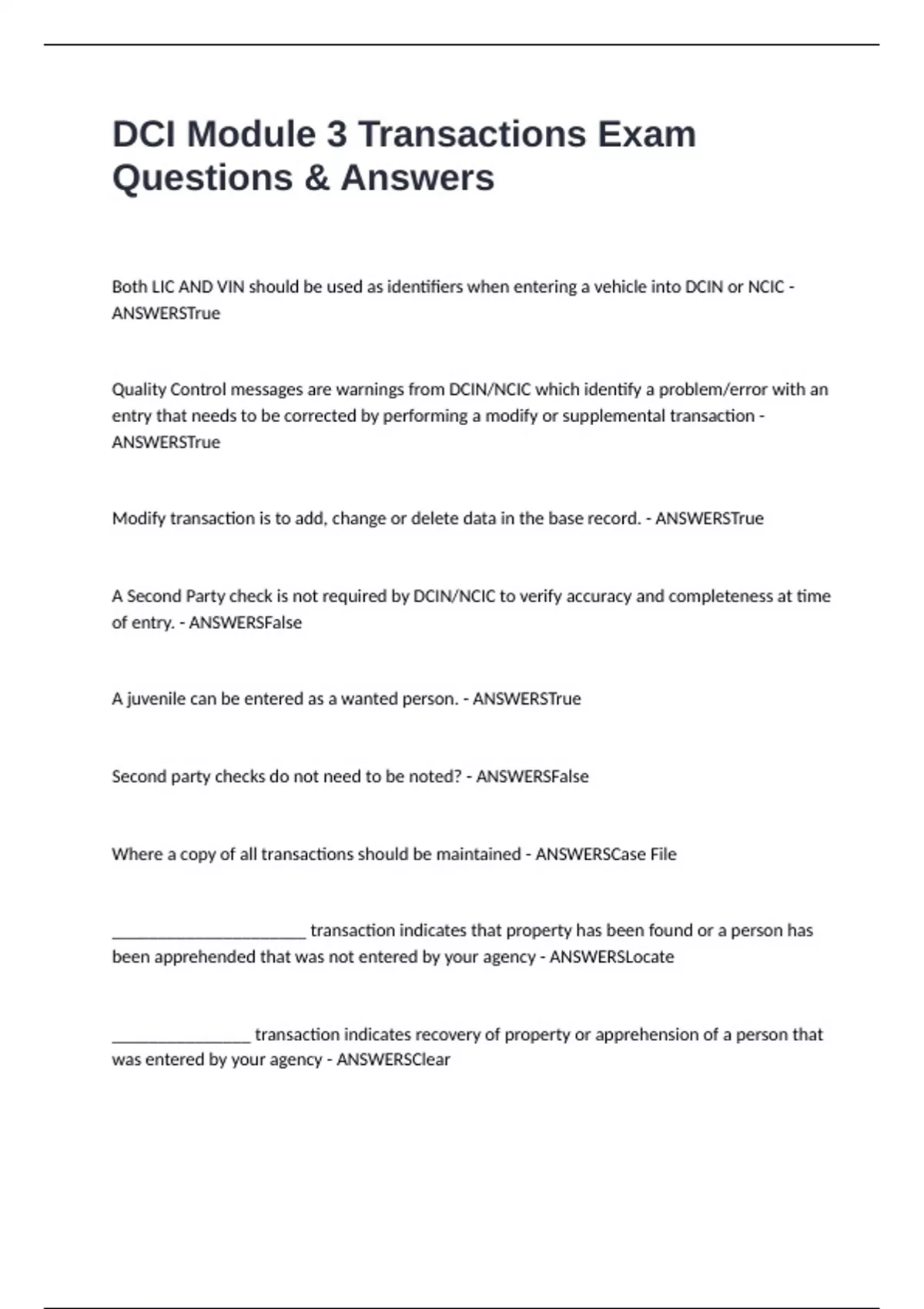 DCI Module 3 Transactions Exam Questions & Answers - DCI Module 3 ...
