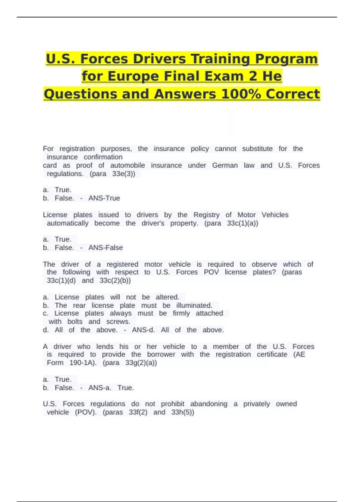 U.S. Forces Drivers Training Program for Europe Final Exam 2 He ...