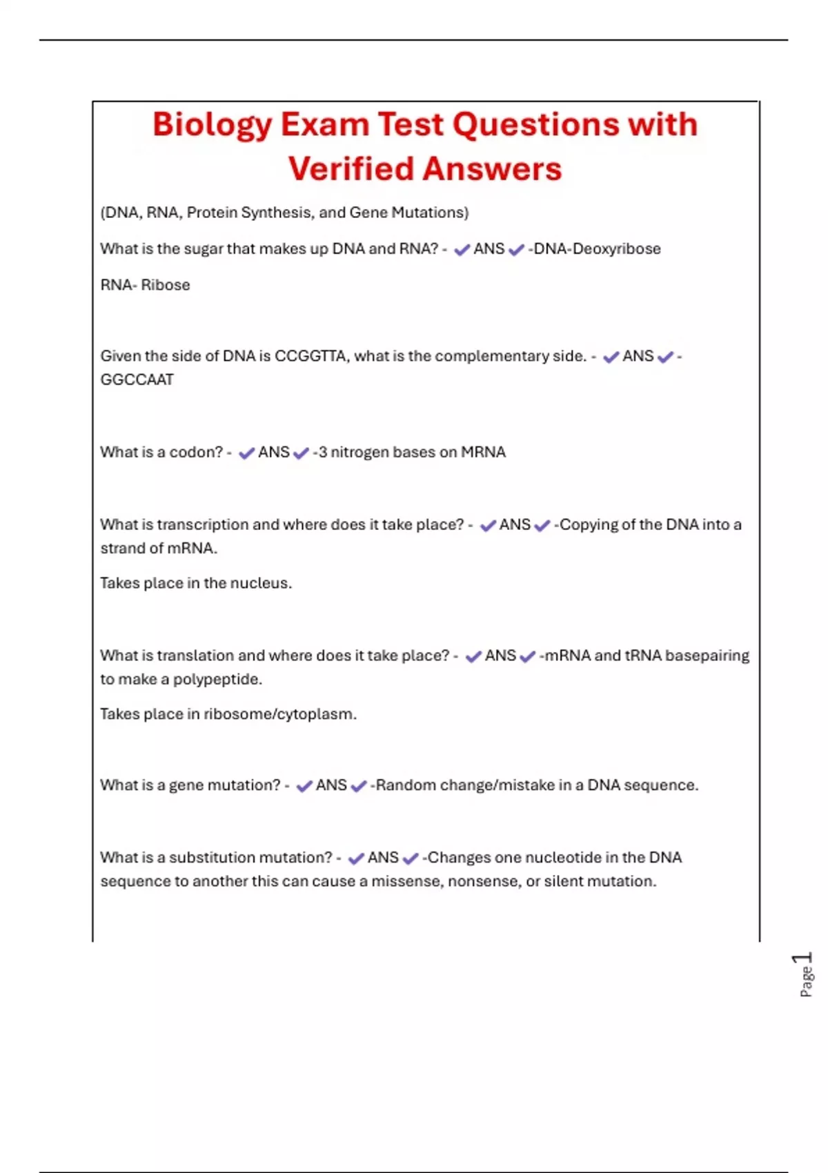 Biology Exam Test Questions with Verified Answers - Biology 121 - Stuvia US