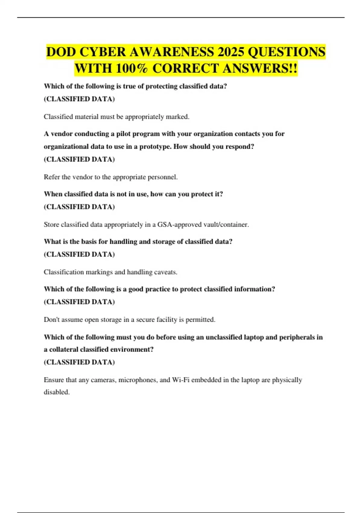 DOD CYBER AWARENESS 2025 QUESTIONS WITH 100% CORRECT ANSWERS - DOD ...