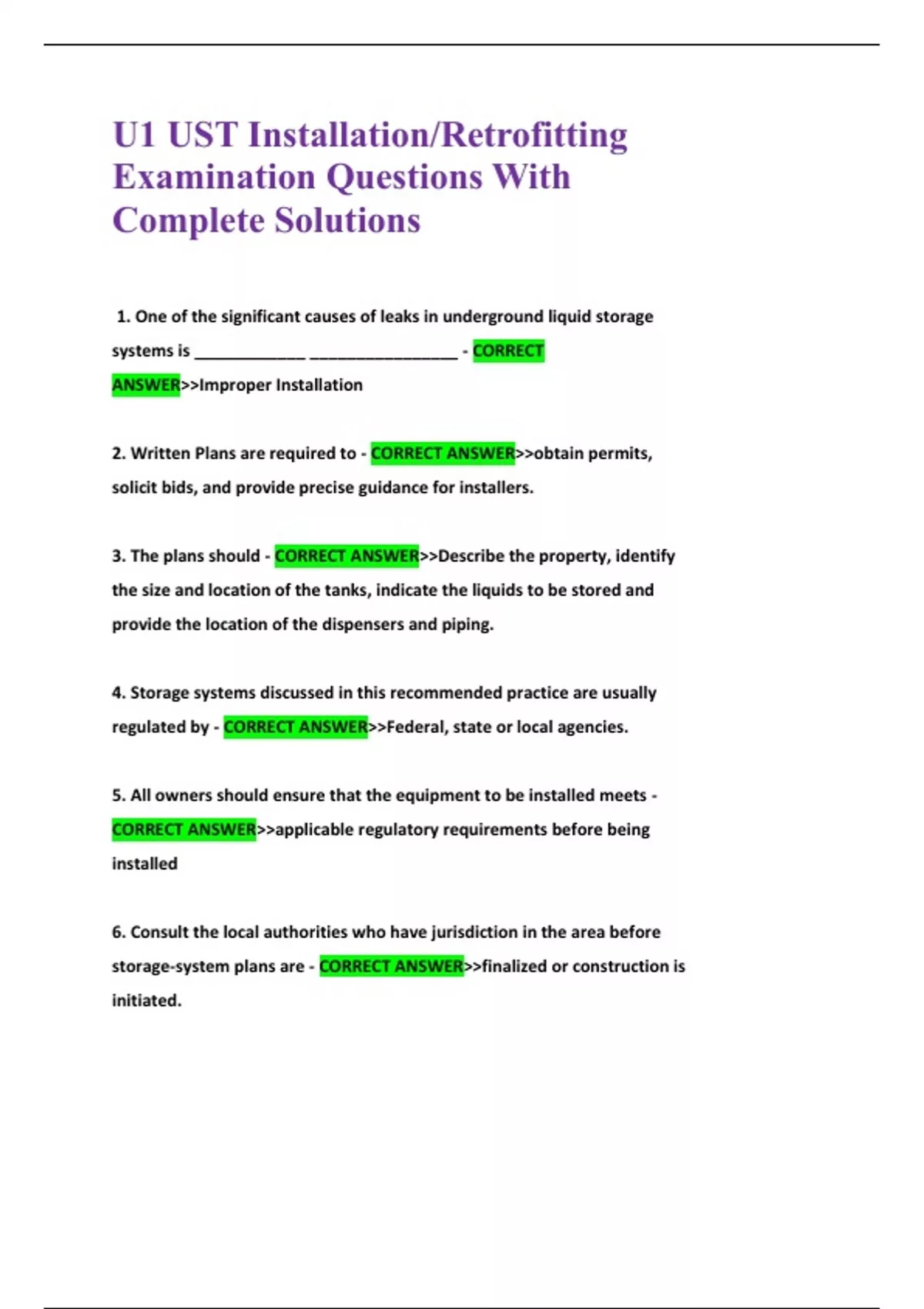 U1 UST Installation/Retrofitting Examination Questions With Complete ...