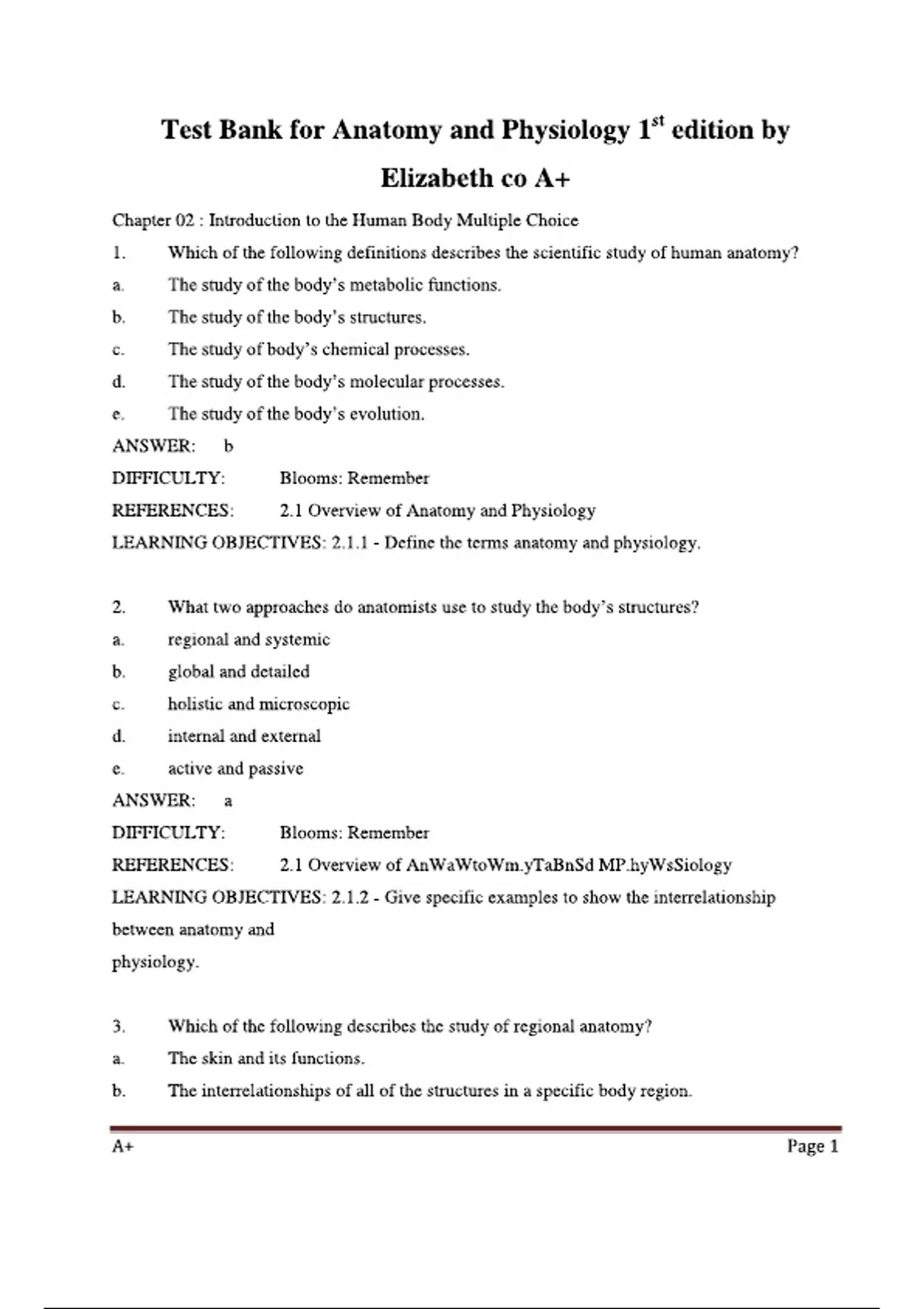 Test Bank for Anatomy and Physiology 1st edition by Elizabeth co. (New ...