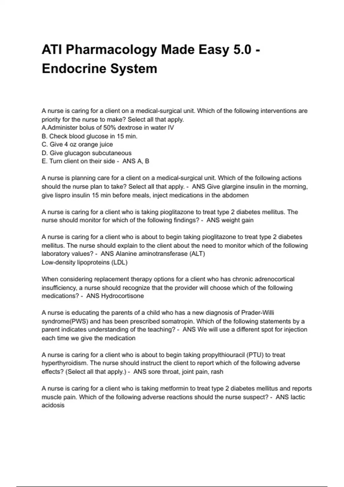 ATI Pharmacology 5.0 Endocrine System Complete Study Guide with Key