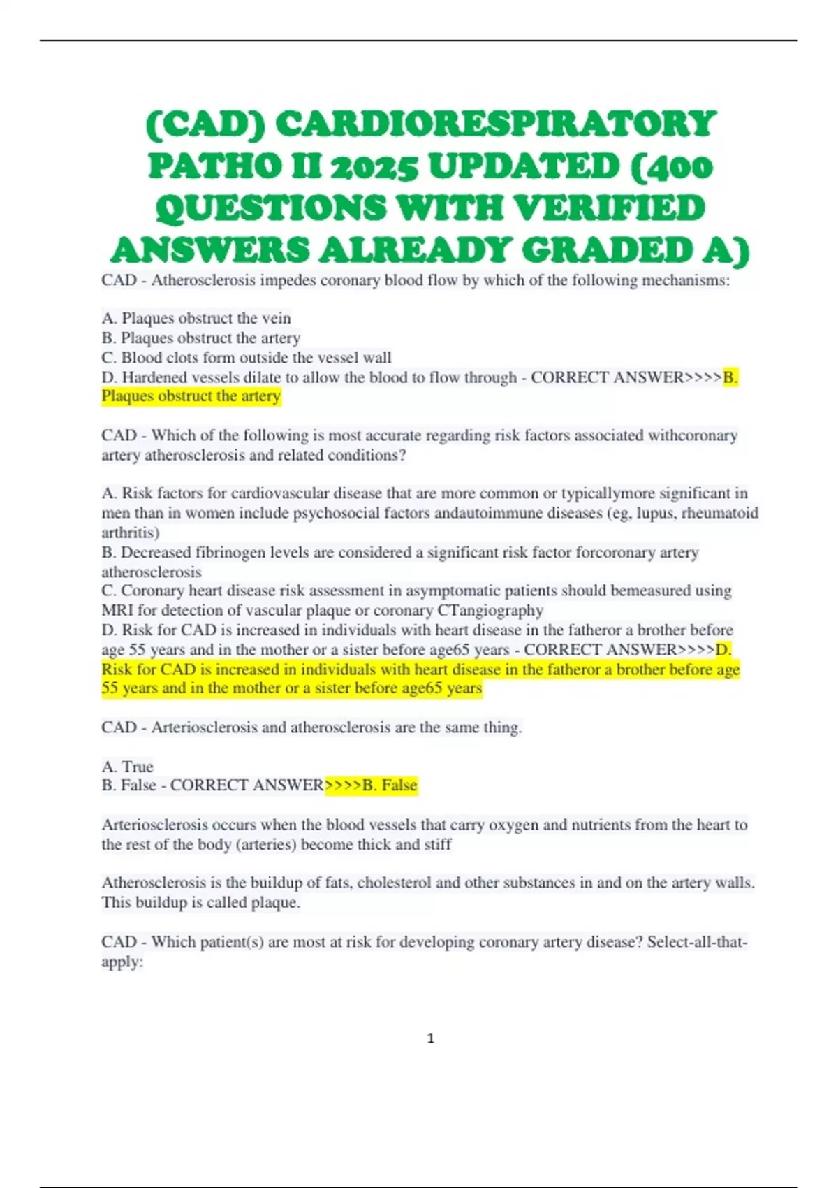 (CAD) CARDIORESPIRATORY PATHO II 2025 UPDATED (400 QUESTIONS WITH ...