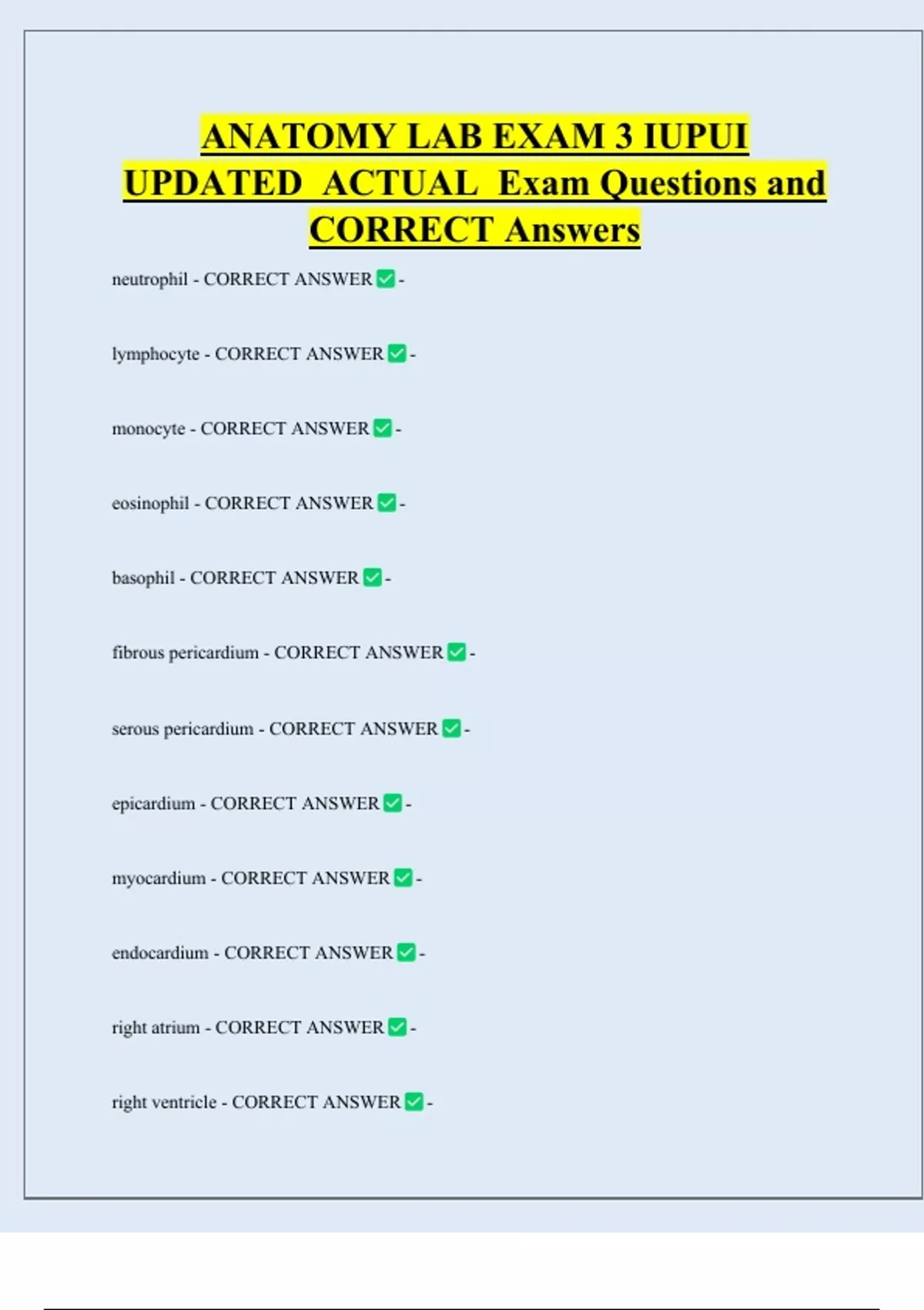 ANATOMY LAB EXAM 3 IUPUI UPDATED ACTUAL Exam Questions and CORRECT ...