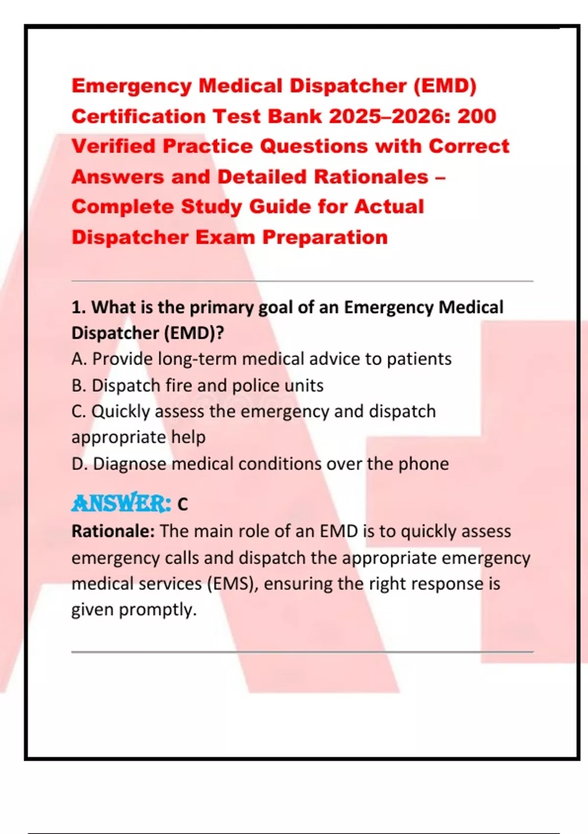 Dispatch Test Prep Emergency Medical Dispatcher (EMD) Certification Test Bank 2025–2026: ...