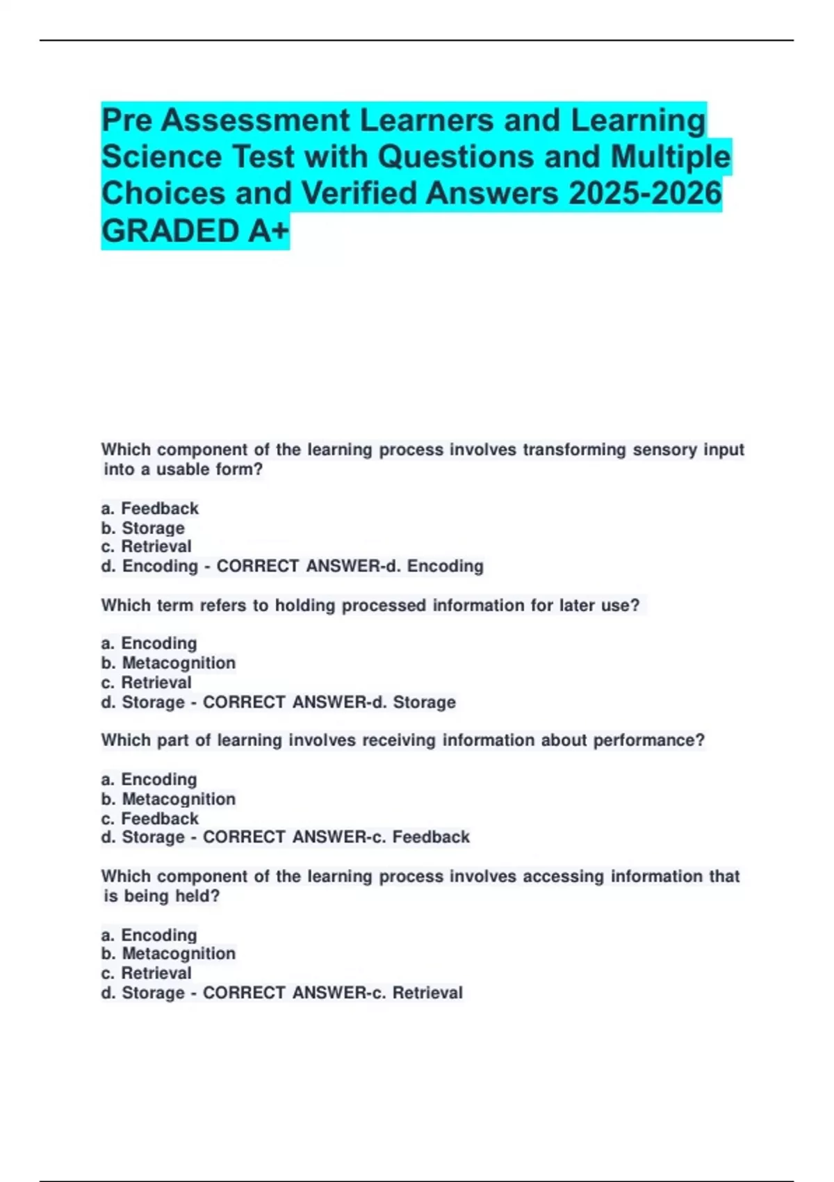 Pre Assessment Learners and Learning Science Test with Questions and ...