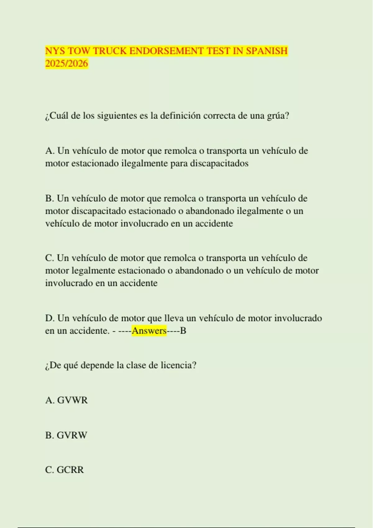 NYS TOW TRUCK ENDORSEMENT TEST IN SPANISH 2025/2026 - NYS TOW TRUCK ...