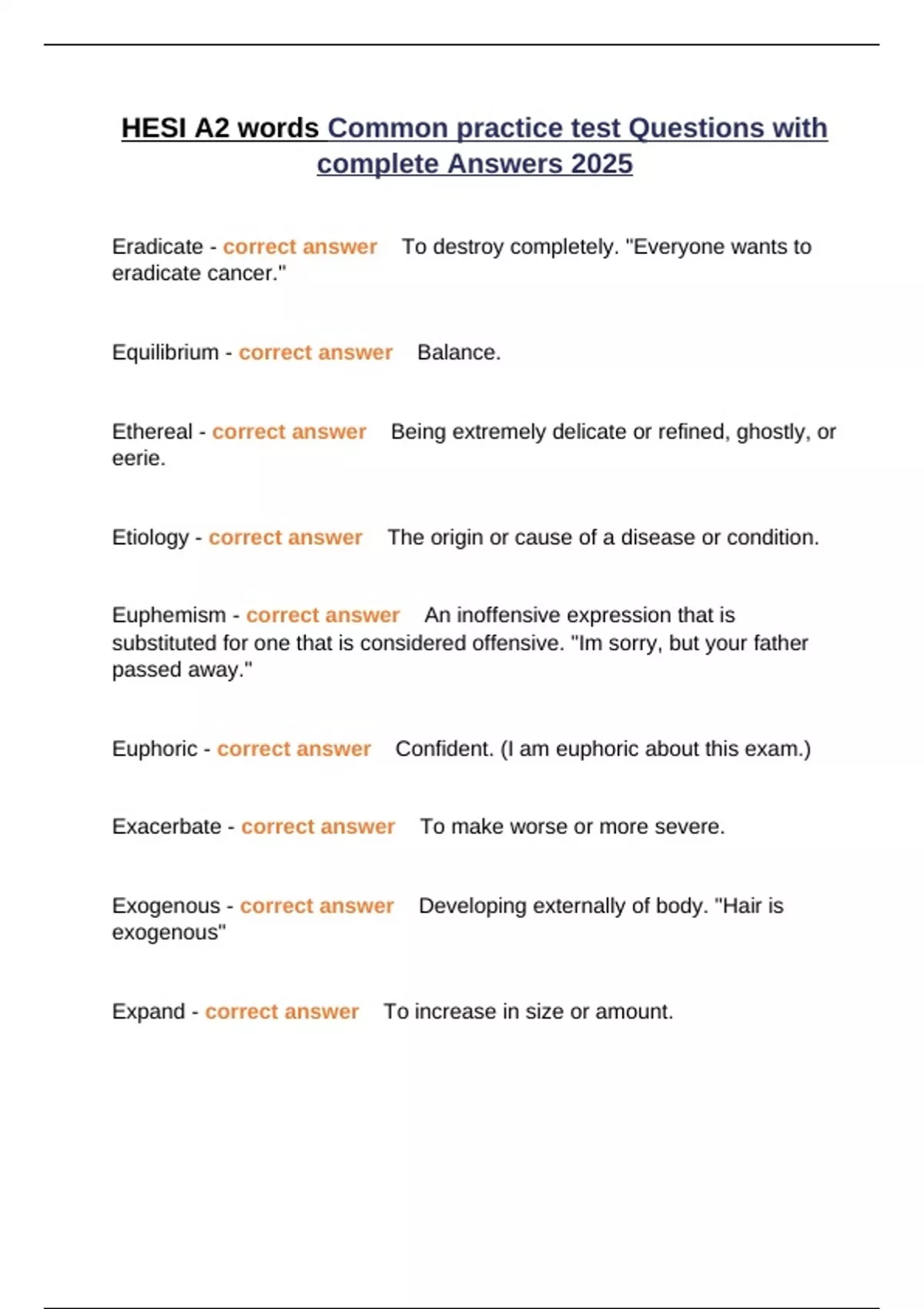 A2 Common Problems HESI A2 words Common practice test Questions with complete Answers 2025 ...