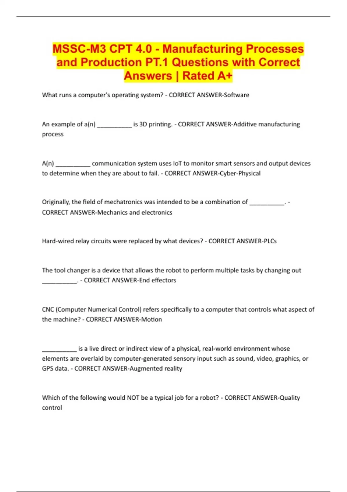 MSSC-M3 CPT 4.0 - Manufacturing Processes and Production PT.1 Questions ...