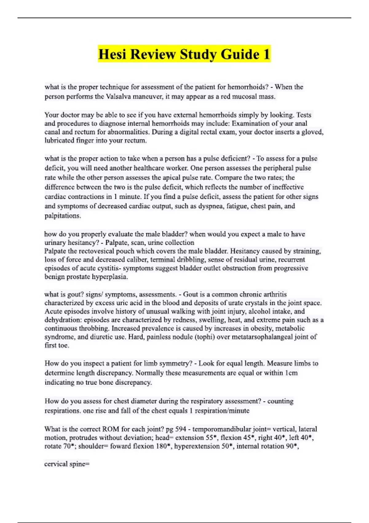 Hesi Review Study Guide 1 & 2// questions and answers//correctly ...