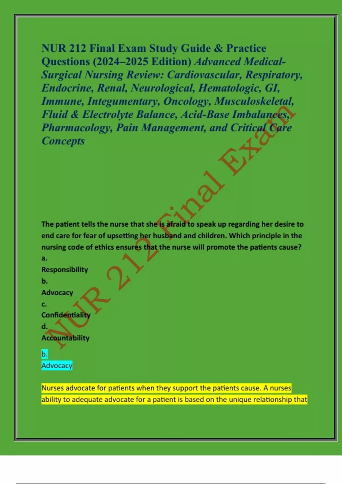 NUR 212 Final Exam Study Guide & Practice Questions (2024–2025 Edition ...