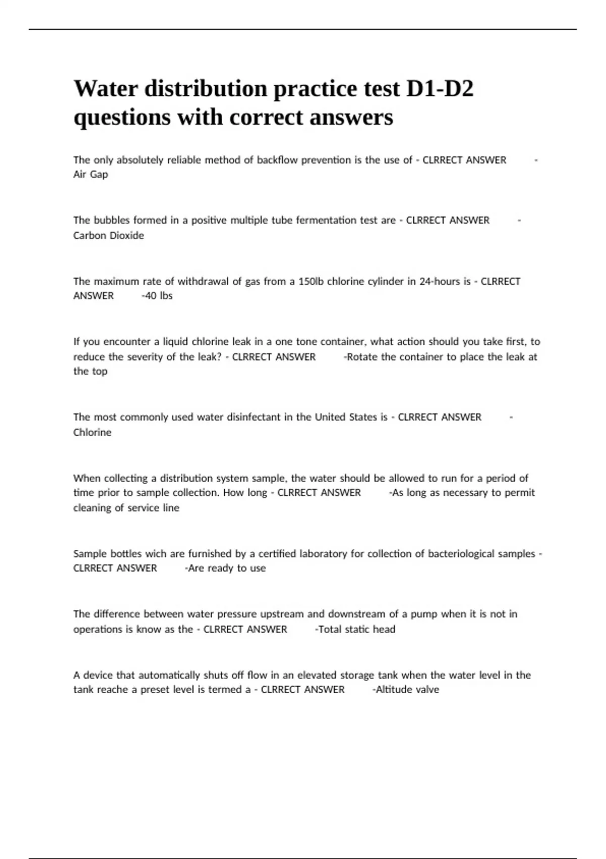 Water distribution practice test D1-D2 questions with correct answers ...