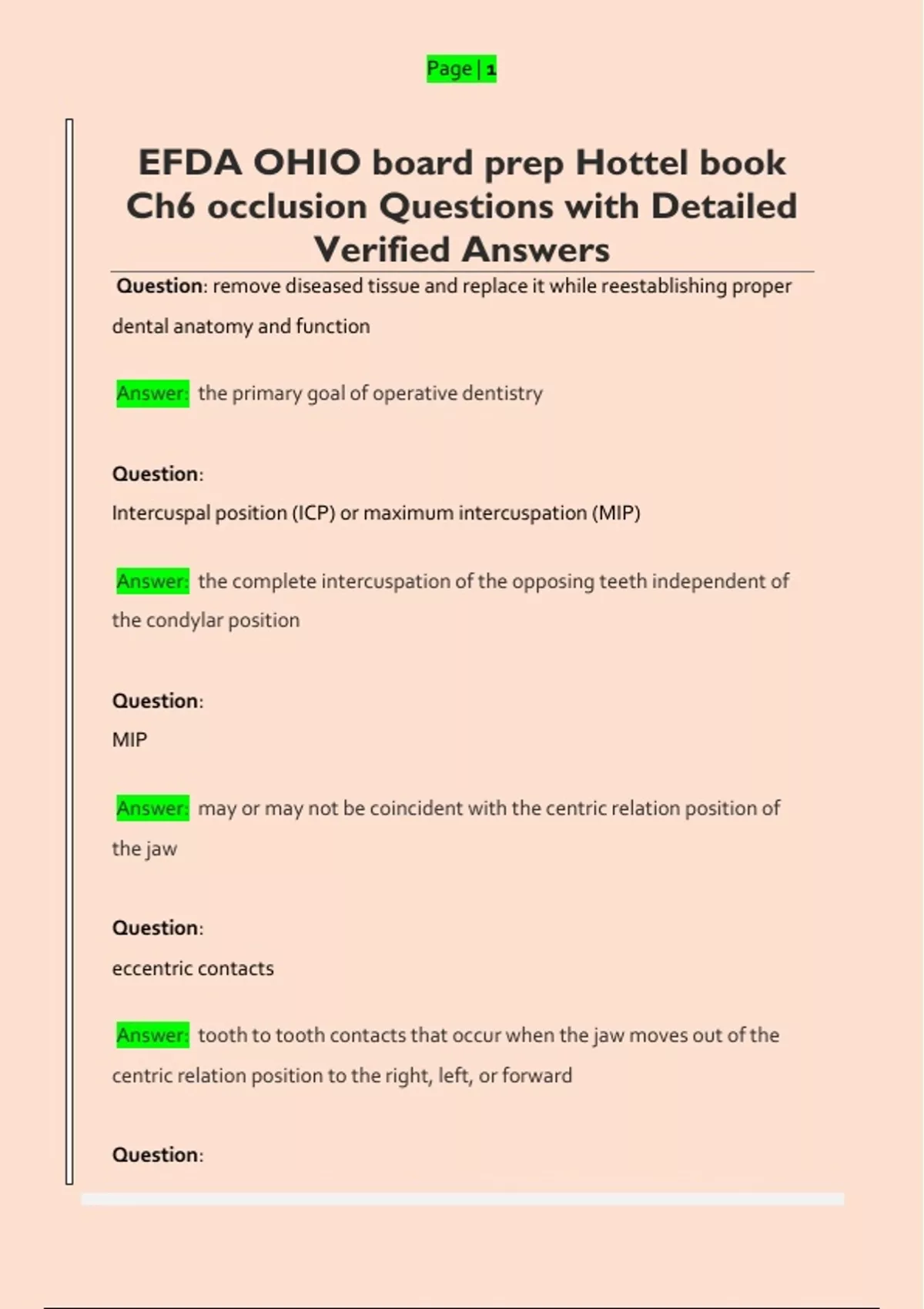 EFDA OHIO board prep Hottel book Ch6 occlusion Questions with Detailed ...