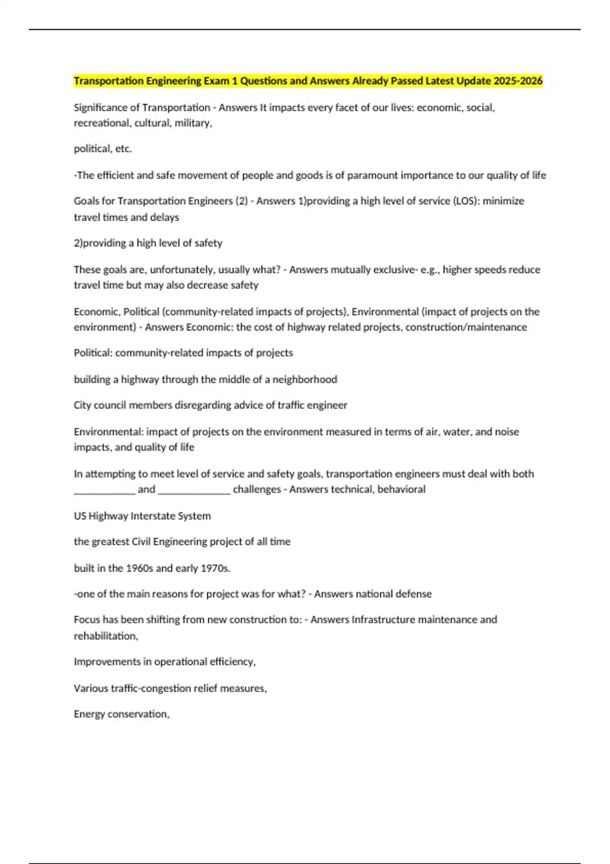 Transportation Engineering Exam 1 Questions and Answers Already Passed ...