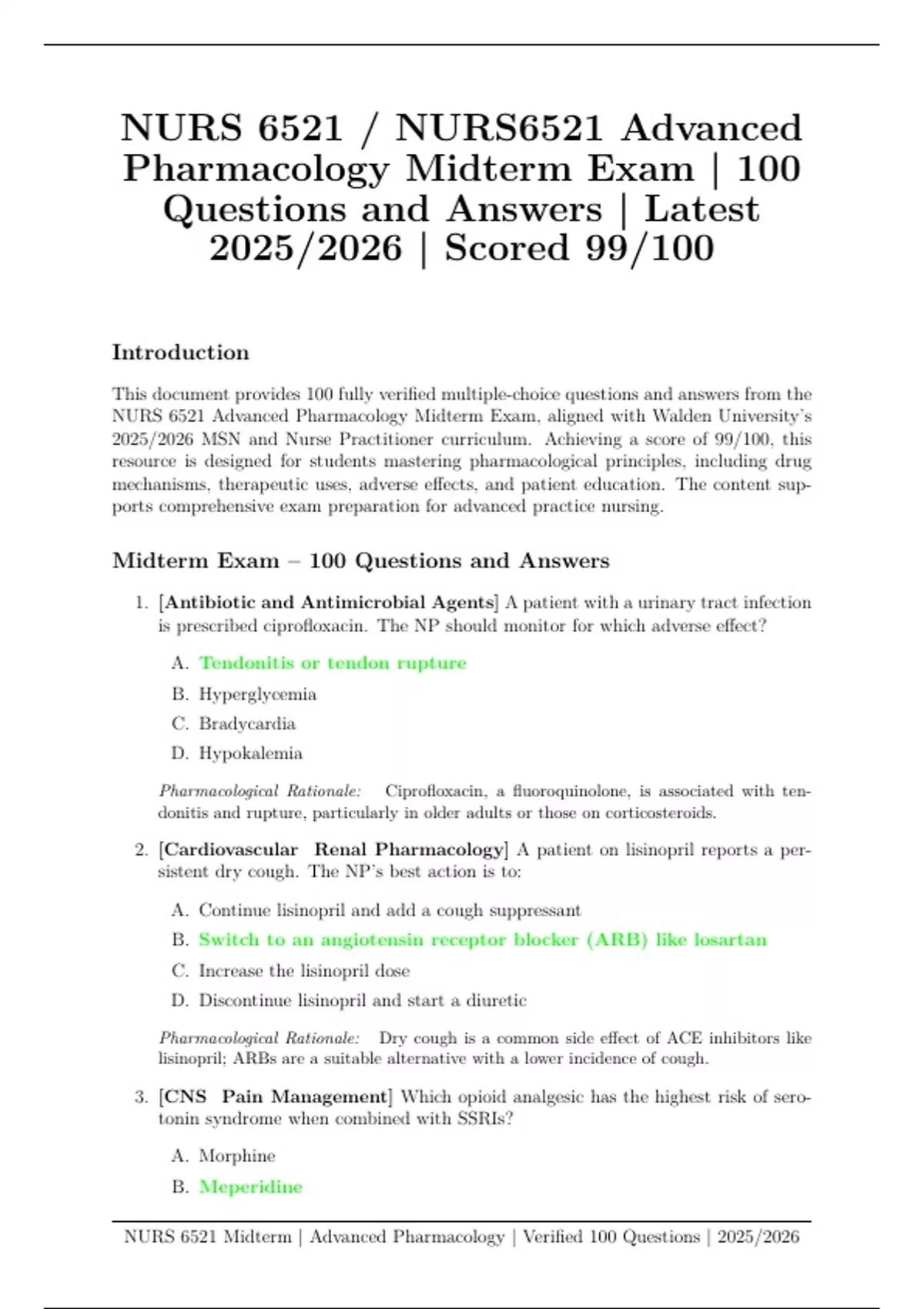 NURS 6521 / NURS6521 Advanced Pharmacology Midterm Exam | 100 Questions ...