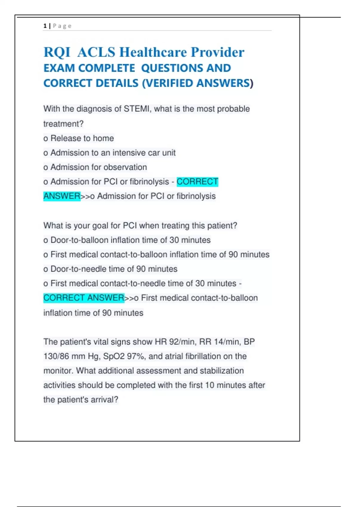 RQI ACLS Healthcare Provider EXAM COMPLETE QUESTIONS AND CORRECT ...