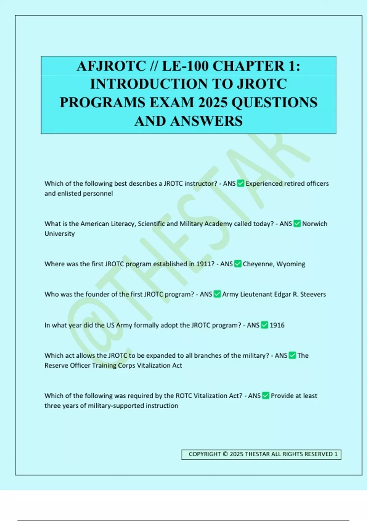 AFJROTC // LE-100 CHAPTER 1: INTRODUCTION TO JROTC PROGRAMS EXAM 2025 ...