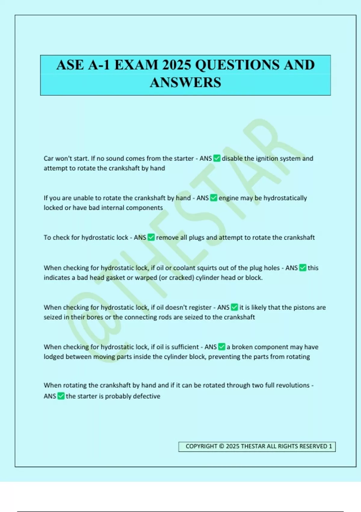 ASE A-1 EXAM 2025 QUESTIONS AND ANSWERS - ASE A1 - Stuvia US