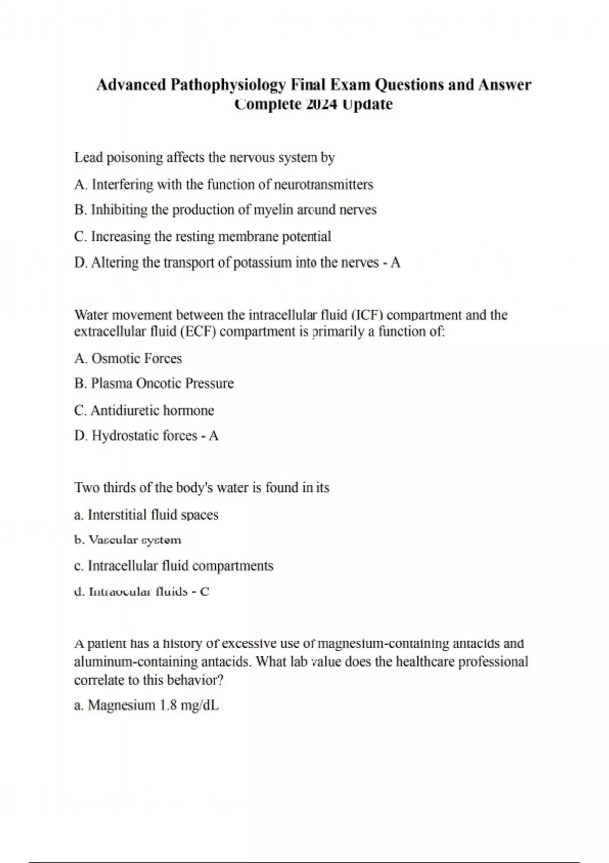 Advanced Pathophysiology Final Exam Questions and Answer Complete 2025 ...