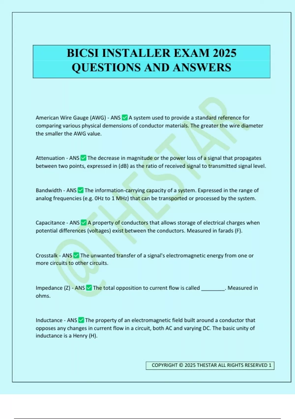 BICSI INSTALLER EXAM 2025 QUESTIONS AND ANSWERS - Bicsi Installer 1 ...