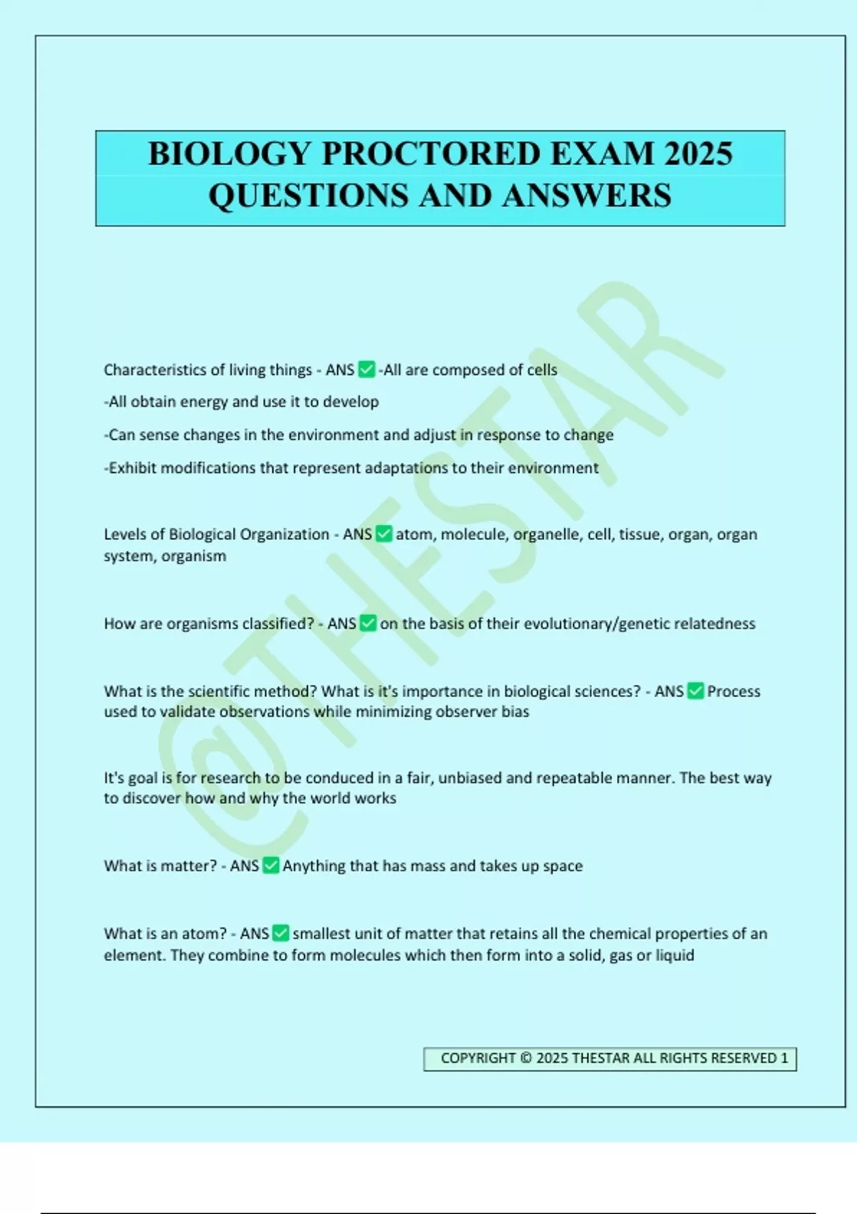 BIOLOGY PROCTORED EXAM 2025 QUESTIONS AND ANSWERS - BIOLOGY - Stuvia US