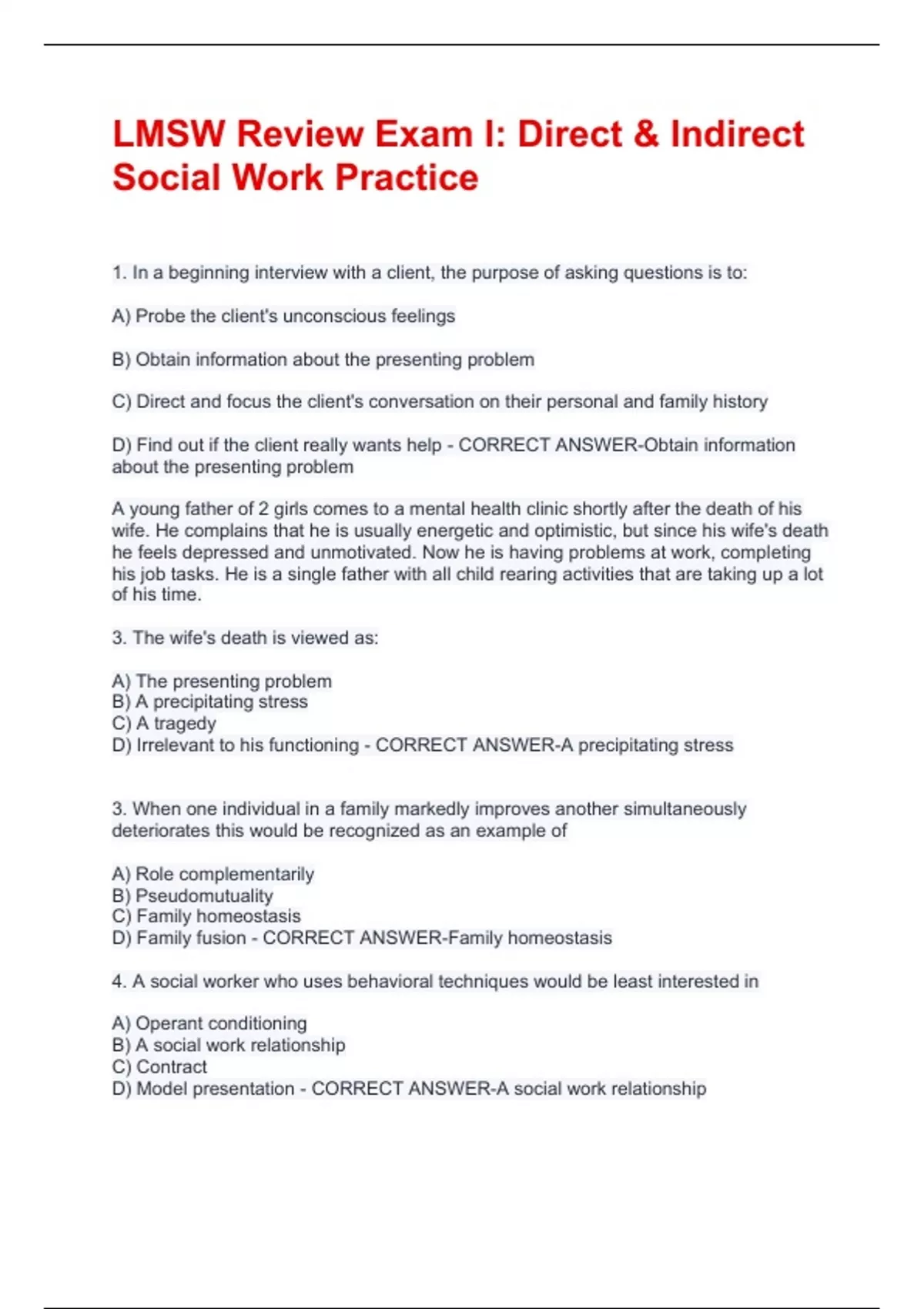 LMSW Review Exam I: Direct & Indirect Social Work Practice Questions ...