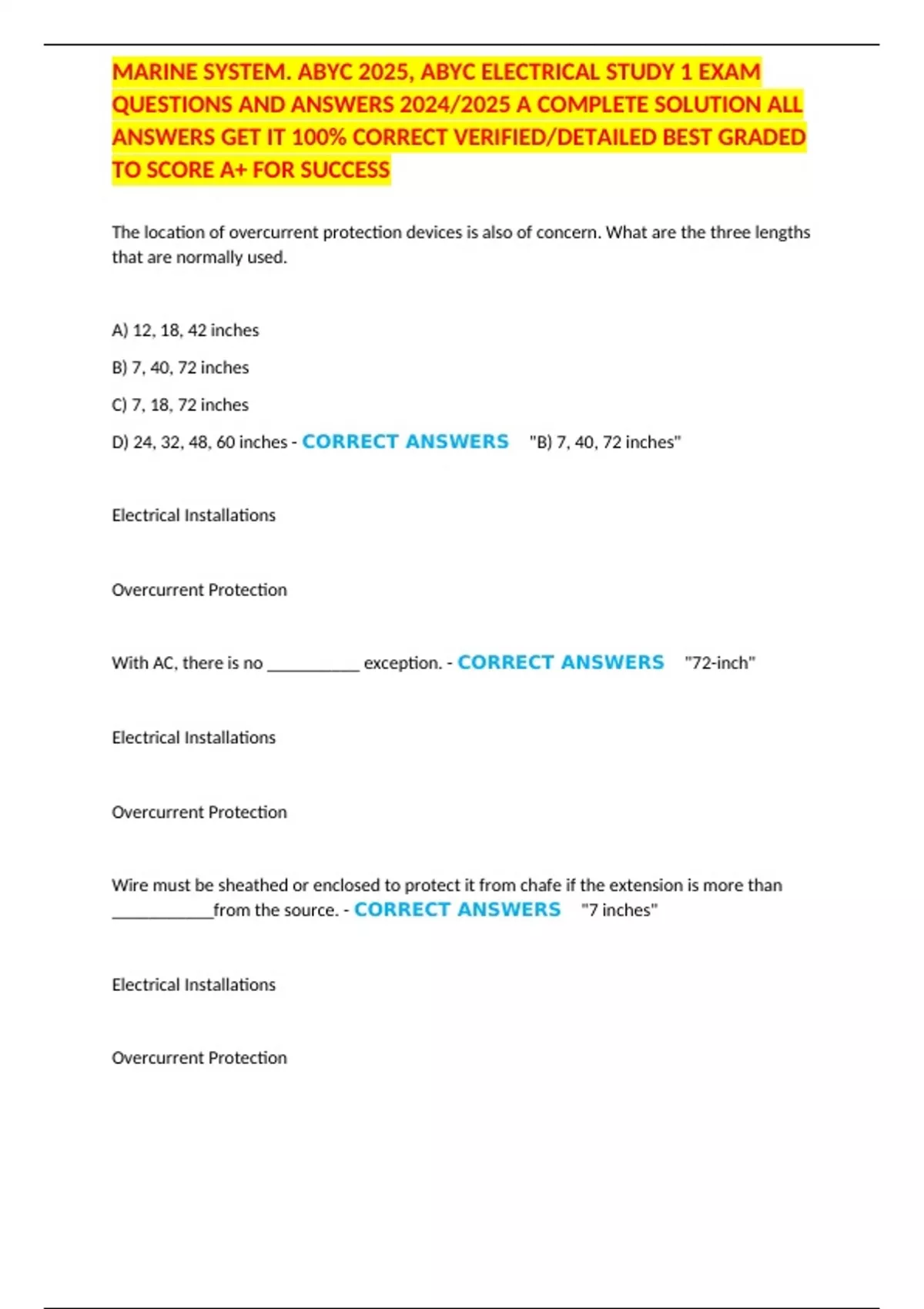 MARINE SYSTEM. ABYC 2025, ABYC ELECTRICAL STUDY 1 EXAM QUESTIONS AND ...