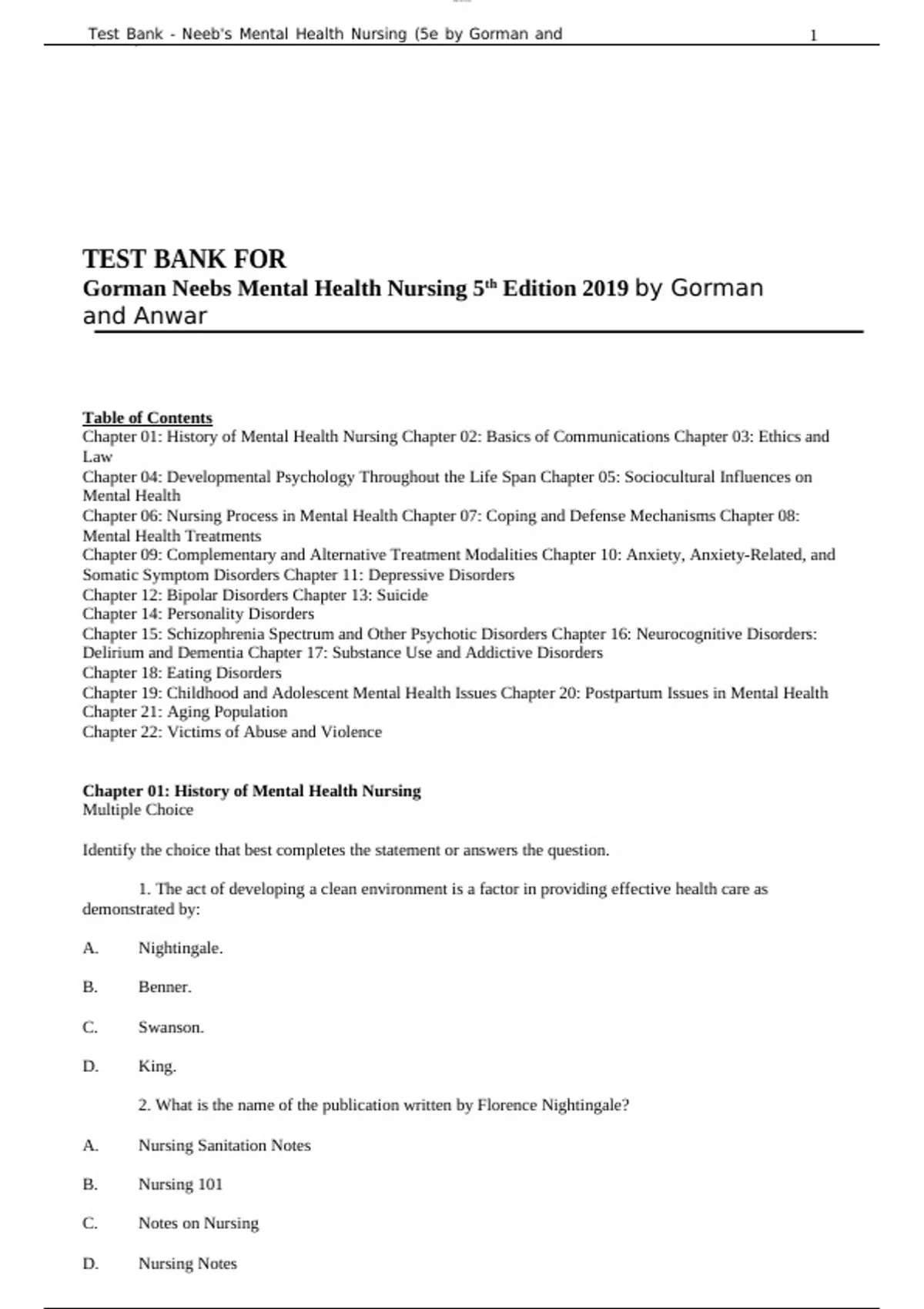 Test Bank for Neeb's Mental Health Nursing 5th Edition by Linda M ...