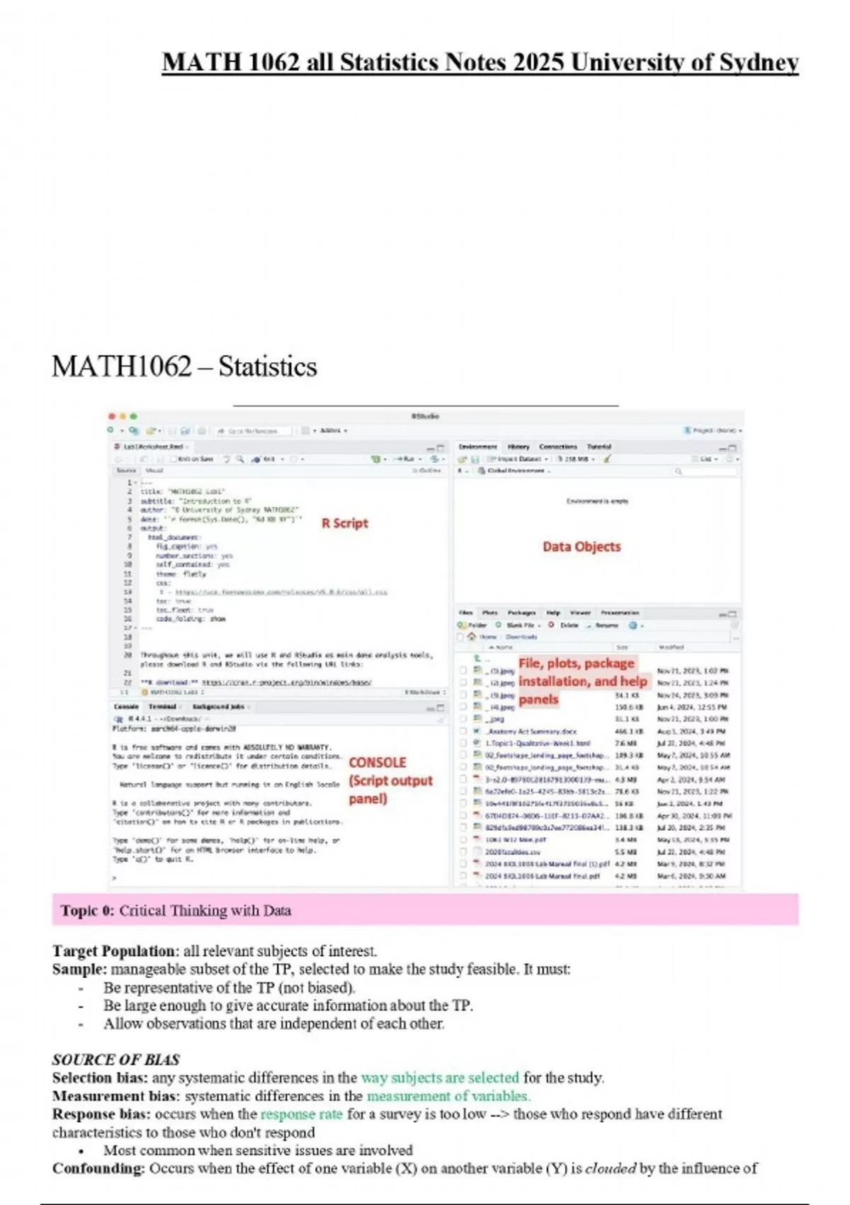 MATH 1062 Notes on Statistics Topics 1-9 2025 University of Sydney ...