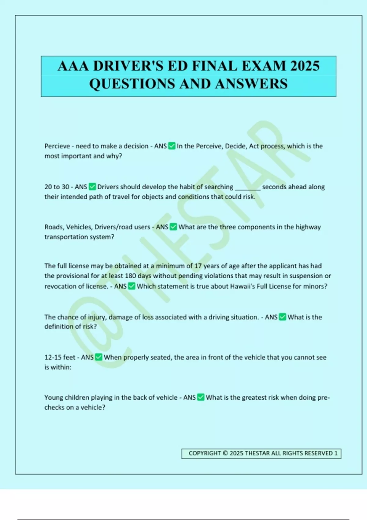 AAA DRIVER'S ED FINAL EXAM 2025 QUESTIONS AND ANSWERS - AAA DRIVERS ED ...