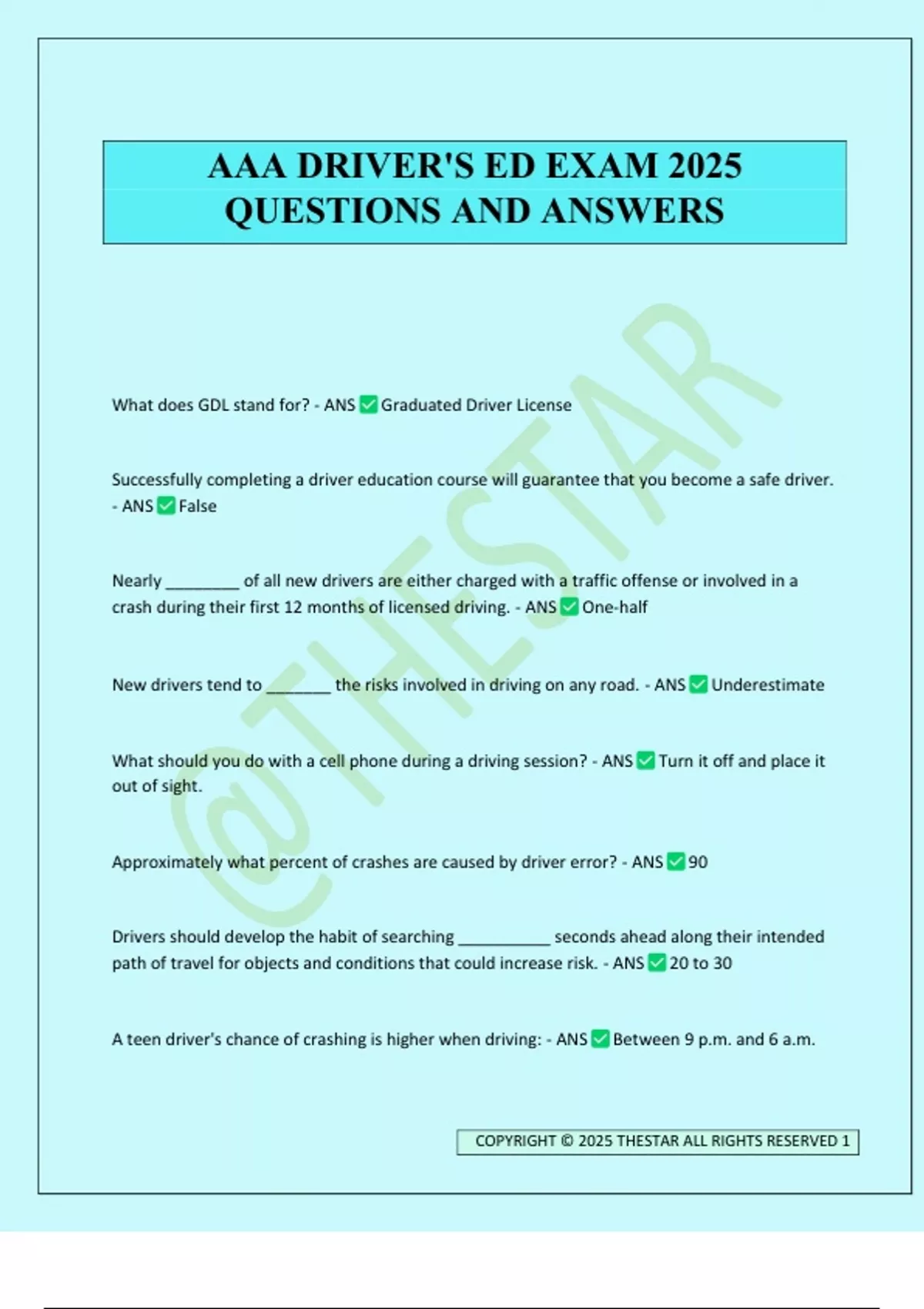 AAA DRIVER'S ED EXAM 2025 QUESTIONS AND ANSWERS - AAA DRIVERS ED ...