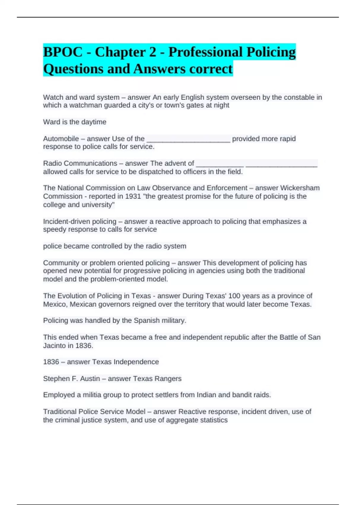 BPOC - Chapter 2 - Professional Policing Questions and Answers correct ...
