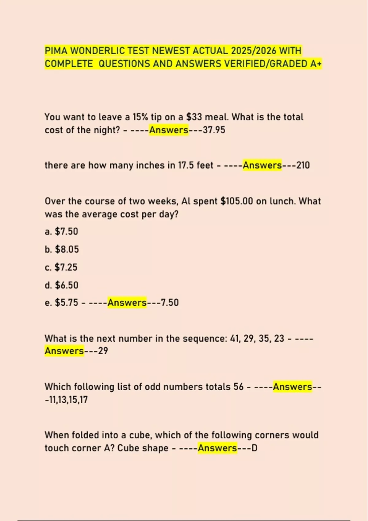PIMA WONDERLIC TEST NEWEST ACTUAL 2025/2026 WITH COMPLETE QUESTIONS AND ...