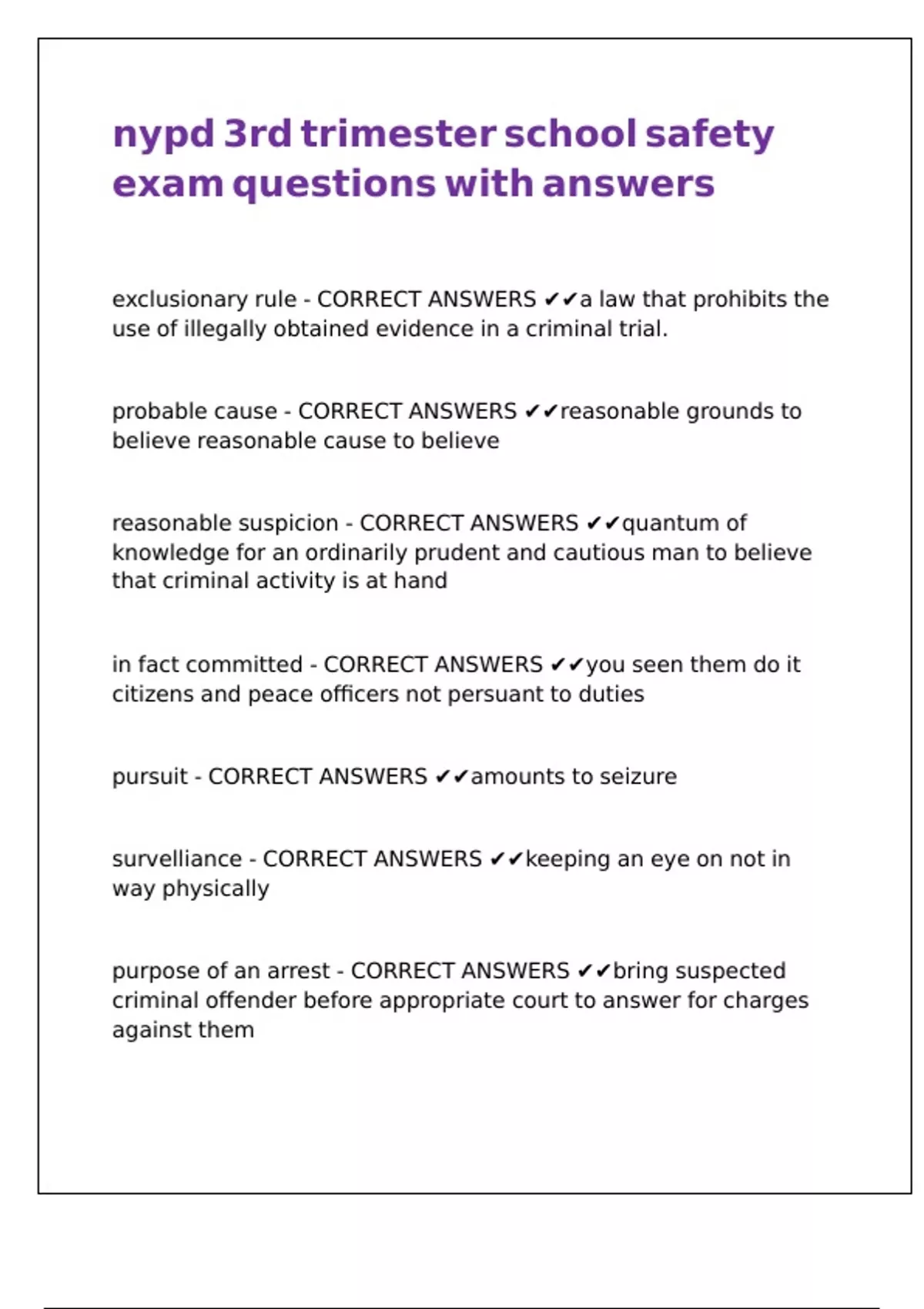 nypd 3rd trimester school safety exam questions with answers - Nypd School Safety - Stuvia US