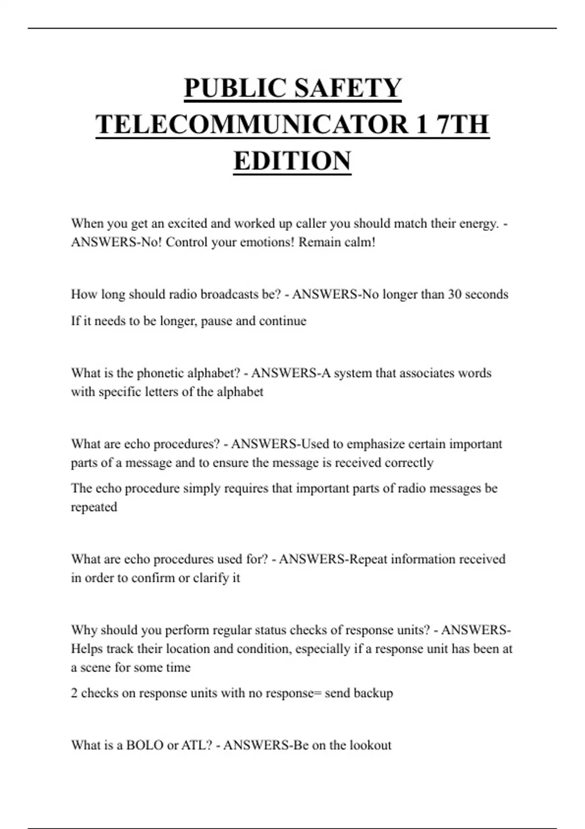 PUBLIC SAFETY TELECOMMUNICATOR 1 7TH EDITION QUESTIONS AND ANSWERS 2025 ...
