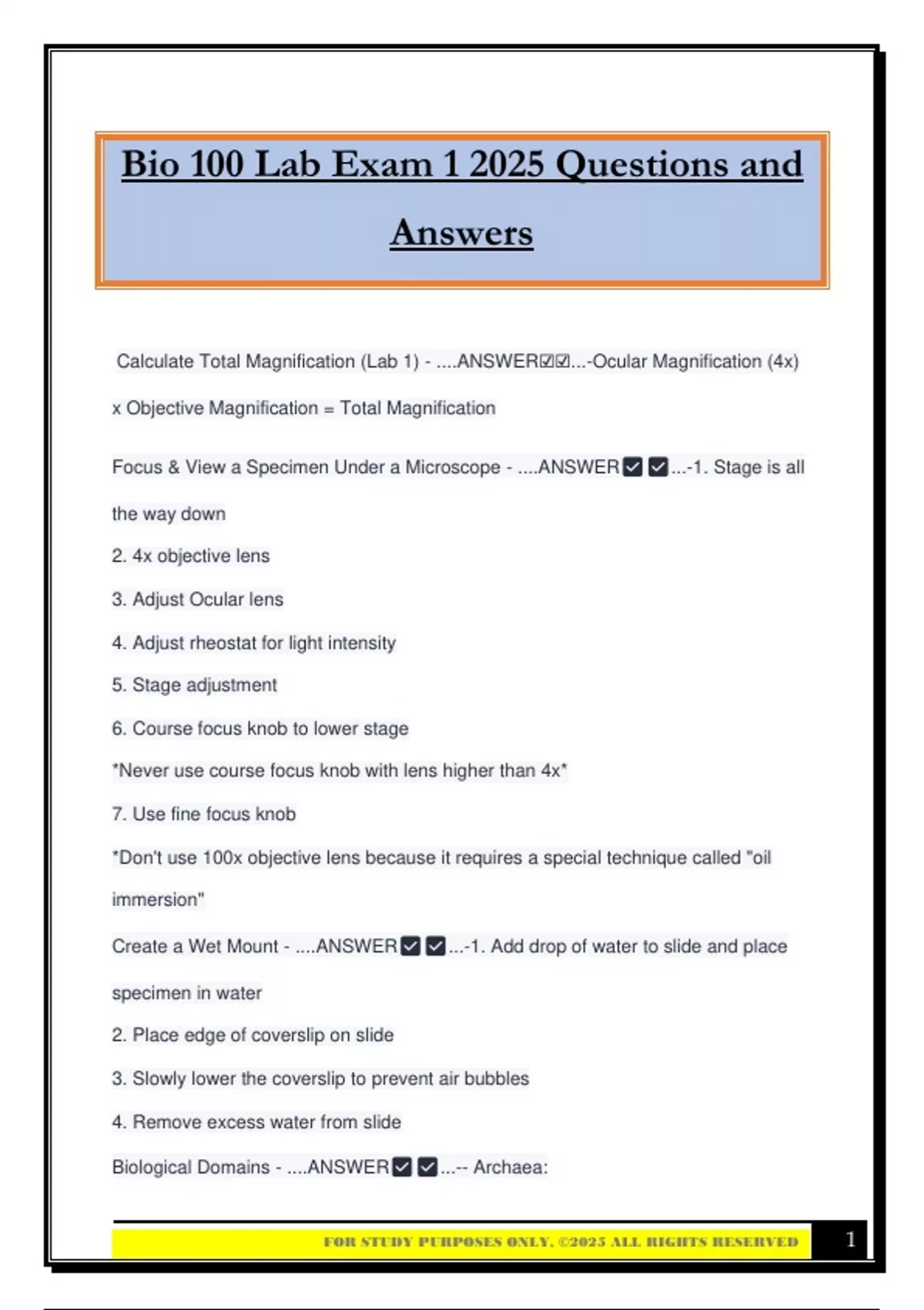 Bio 100 Lab Exam 1 2025 Questions and Answers - BIO 100 - Stuvia US