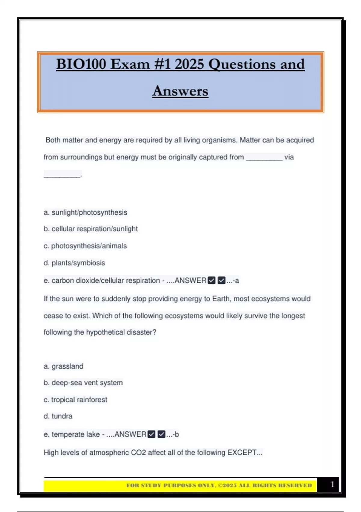 BIO100 Exam #1 2025 Questions and Answers - BIO 100 - Stuvia US