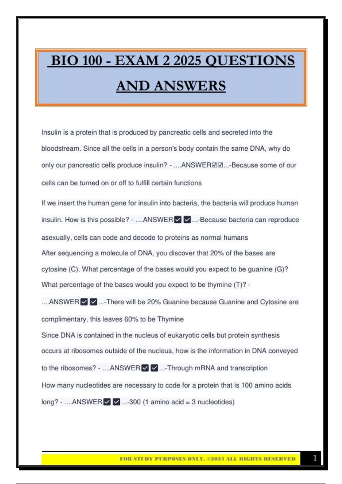 BIO 100 - EXAM 2 2025 QUESTIONS AND ANSWERS - BIO 100 - Stuvia US