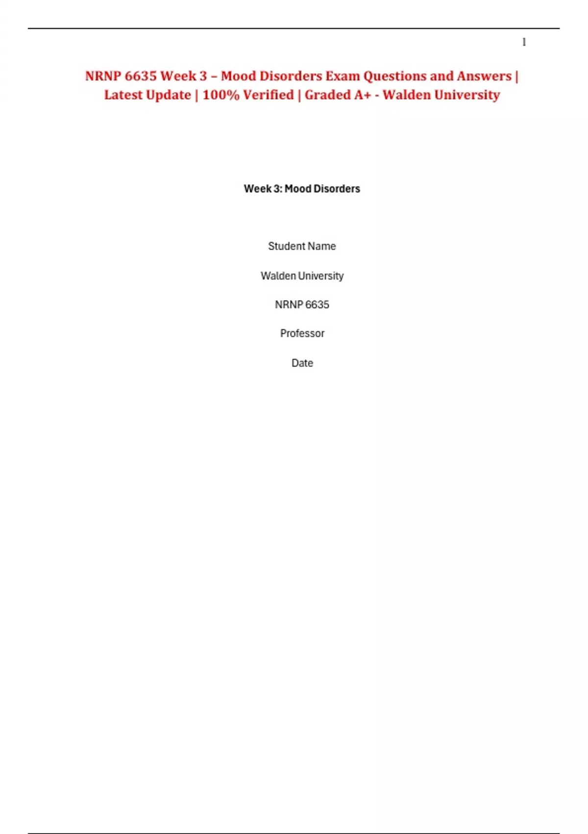NRNP 6635 Week 3 – Mood Disorders Exam Questions and Answers – Latest ...