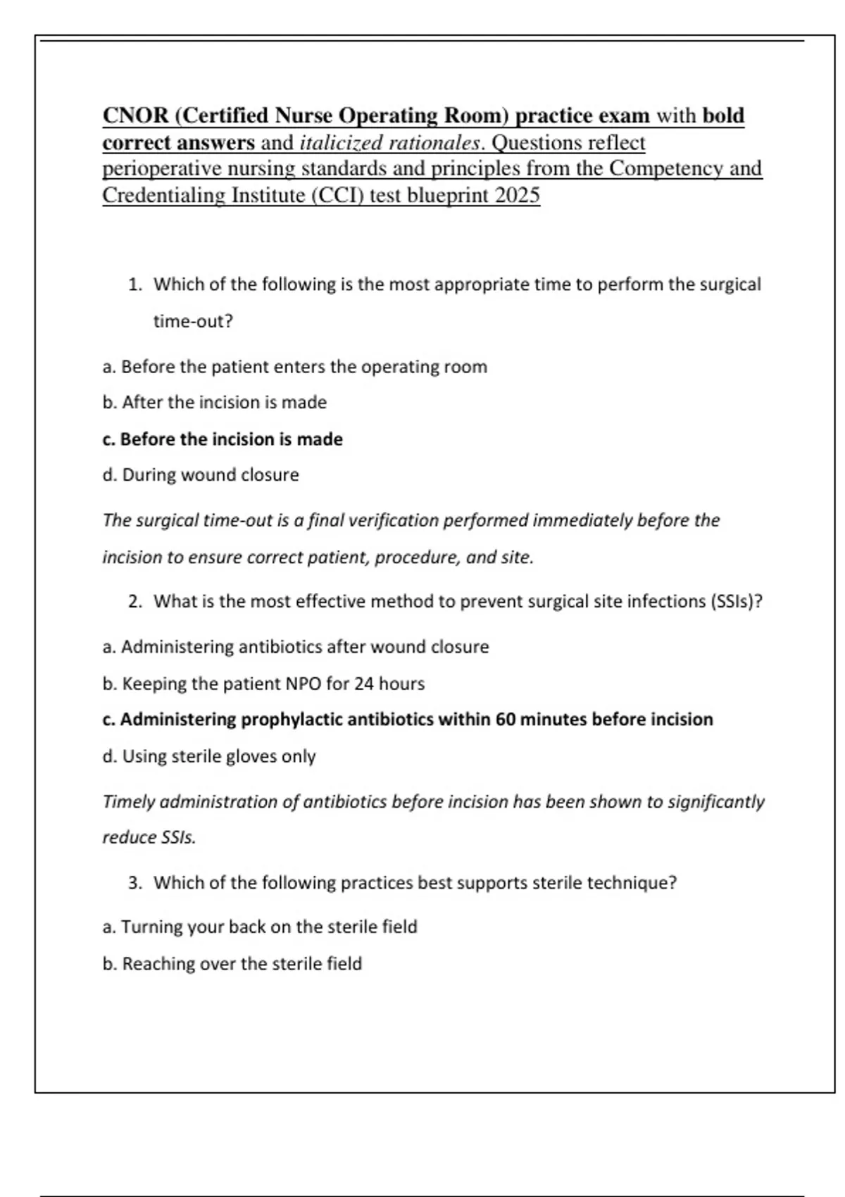 CNOR (Certified Nurse Operating Room) practice exam with bold correct ...