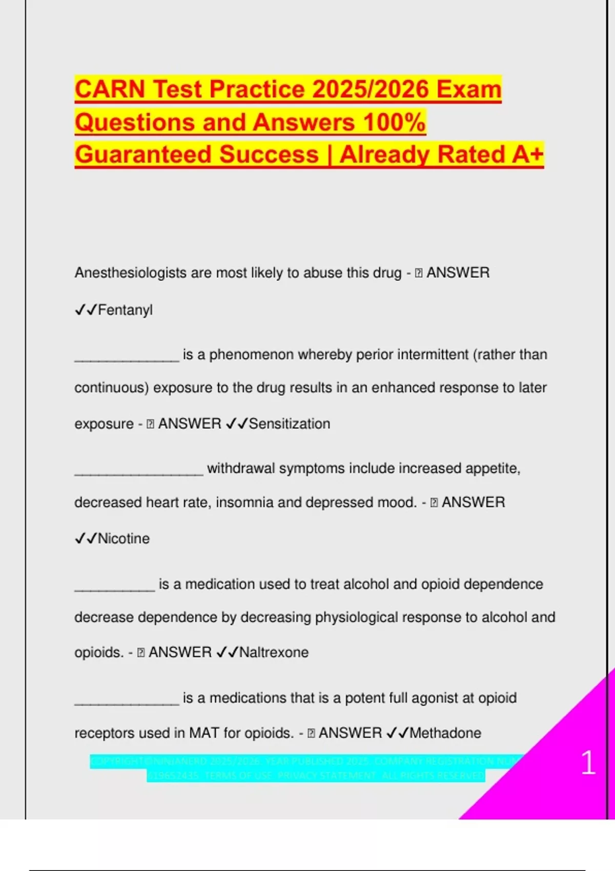 The Carn Module CARN Test Practice 2025/2026 | A+ Verified Q&A on Addiction Medicine ...