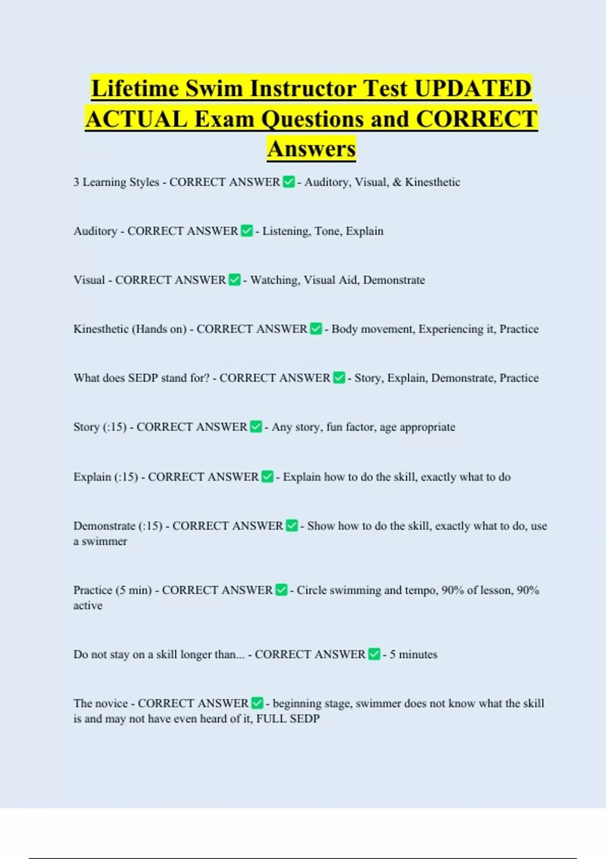 Lifetime Swim Instructor Test UPDATED ACTUAL Exam Questions and CORRECT Answers - Lifetime ...