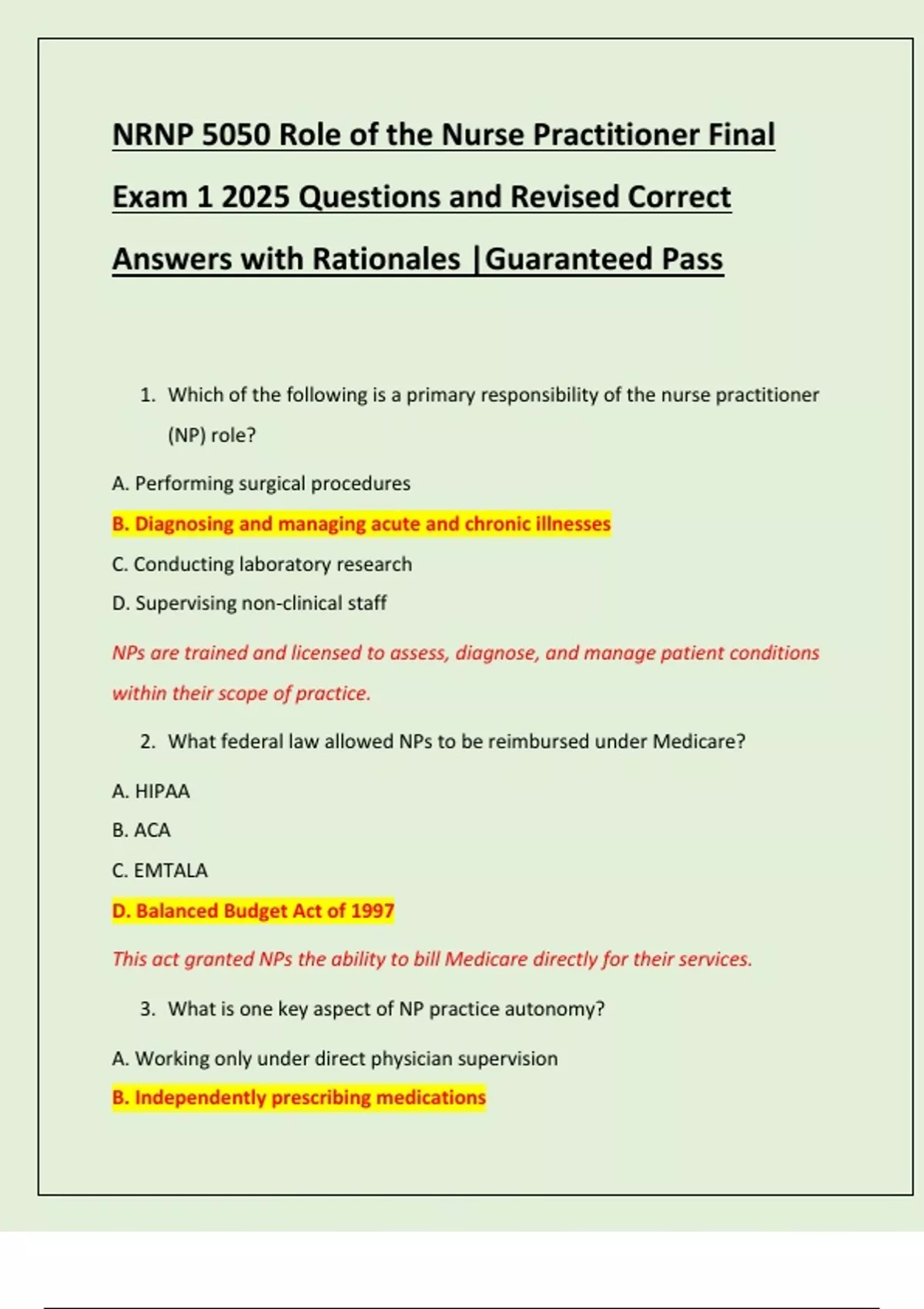 NRNP 5050 Role of the Nurse Practitioner Final Exam 1 2025 Questions and Revised Correct Answers ...
